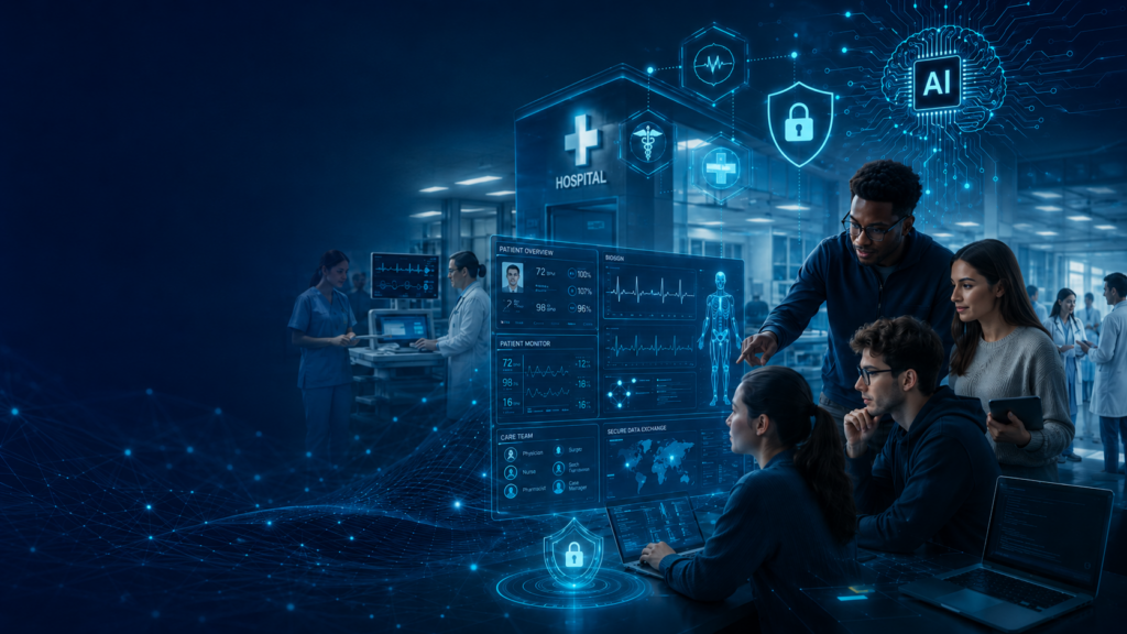 CyberAI Workforce Accelerator students and cybersecurity professionals working together on healthcare cybersecurity scenarios involving connected systems, patient data, and AI-assisted analysis.